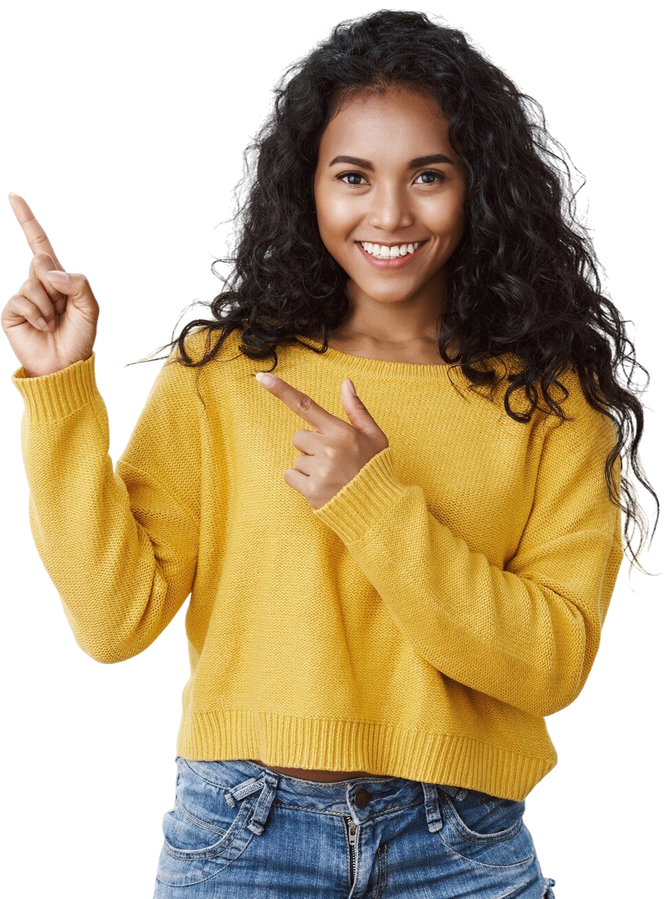 UMC 2 confident good looking girl with curly hairstyle look camera self assured sassy smiling pointing upper left corner introduce amazing product give recommendations e1768406505697 | UMC |