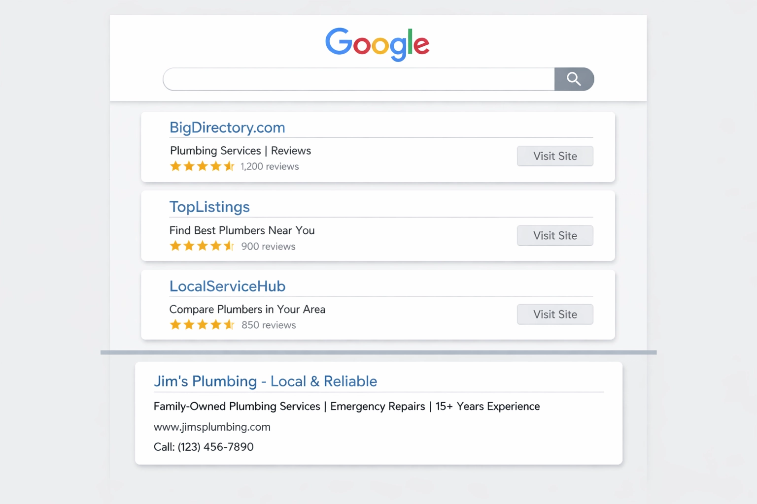 Google search results page showing large directory platforms like HomeStars and YellowPages dominating local plumbing search results