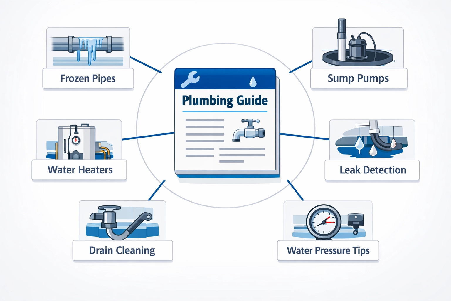 content hub diagram showing a central plumbing guide connected to blog topics like frozen pipes and water heaters