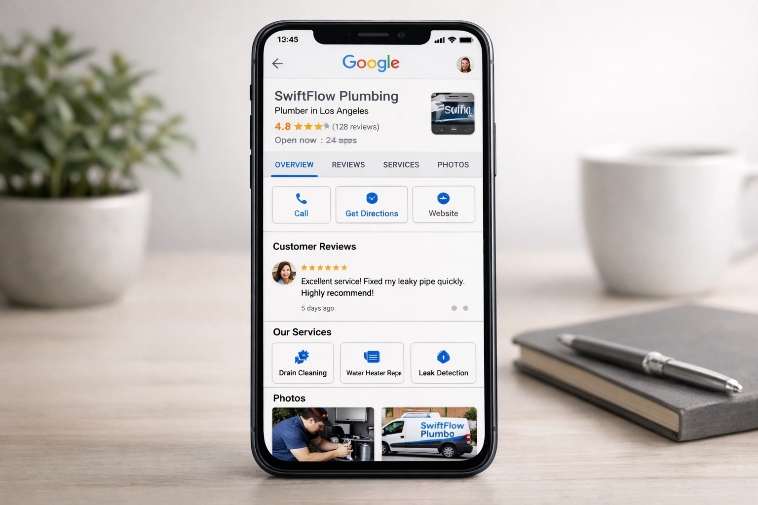 fully optimized Google Business Profile for a plumbing company on a smartphone showing reviews and services