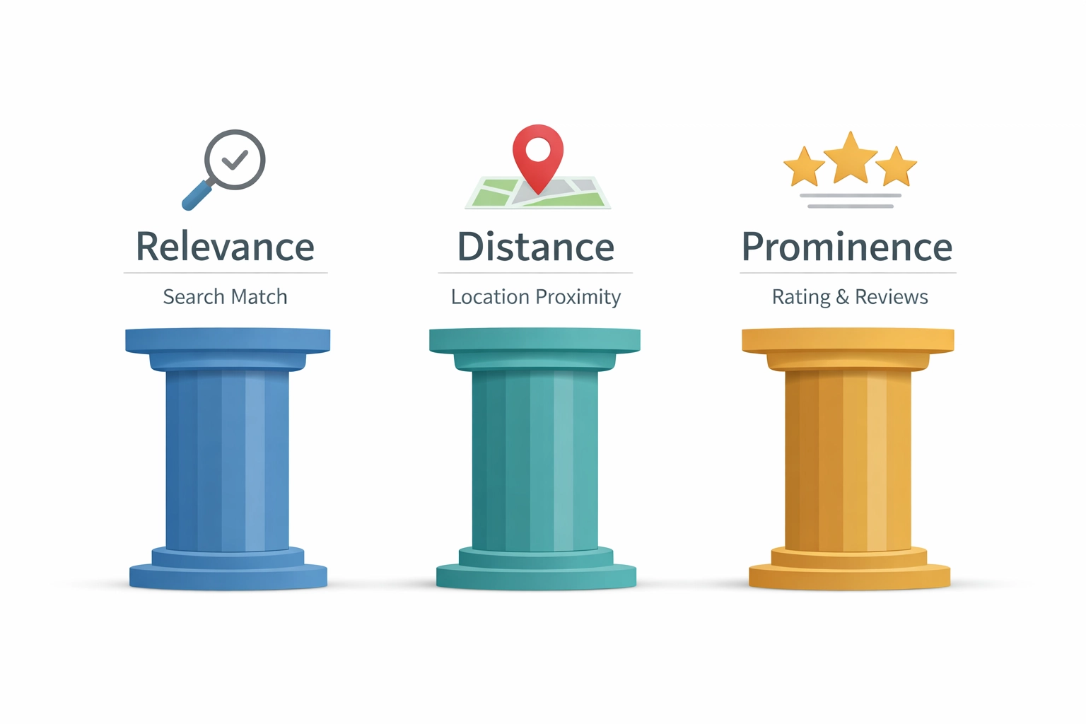 infographic showing the three core Google Local Pack ranking factors: Relevance, Distance, and Prominence