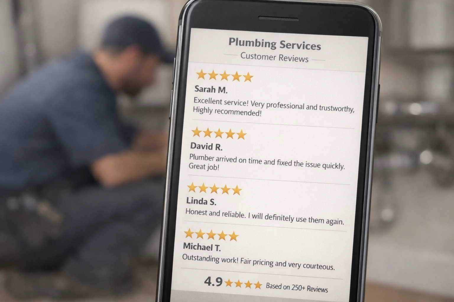 close-up of 5-star customer reviews for a plumbing business on a mobile screen to build trust and credibility