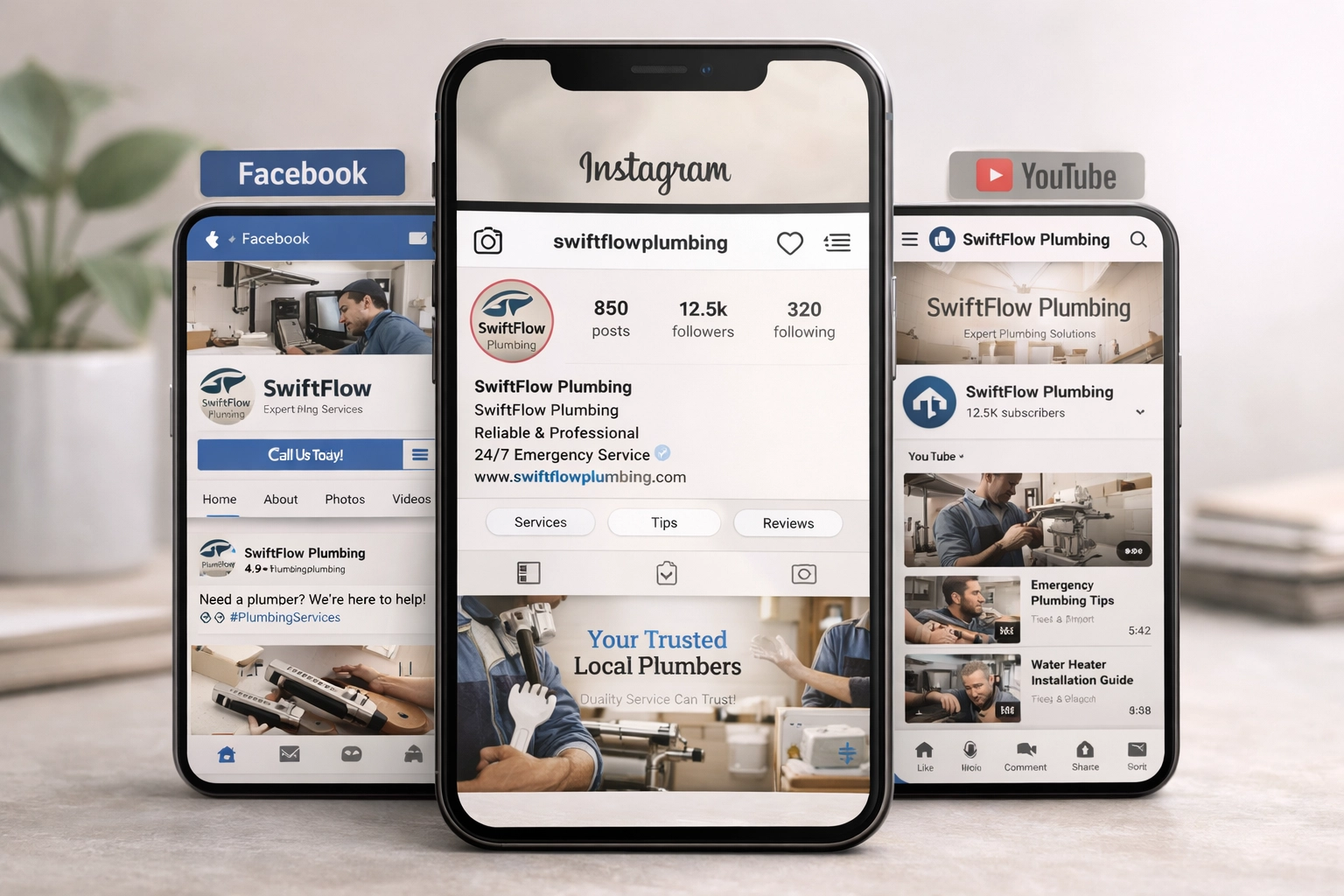 smartphone displaying a plumbing brand's consistent presence across Facebook, Instagram, and YouTube