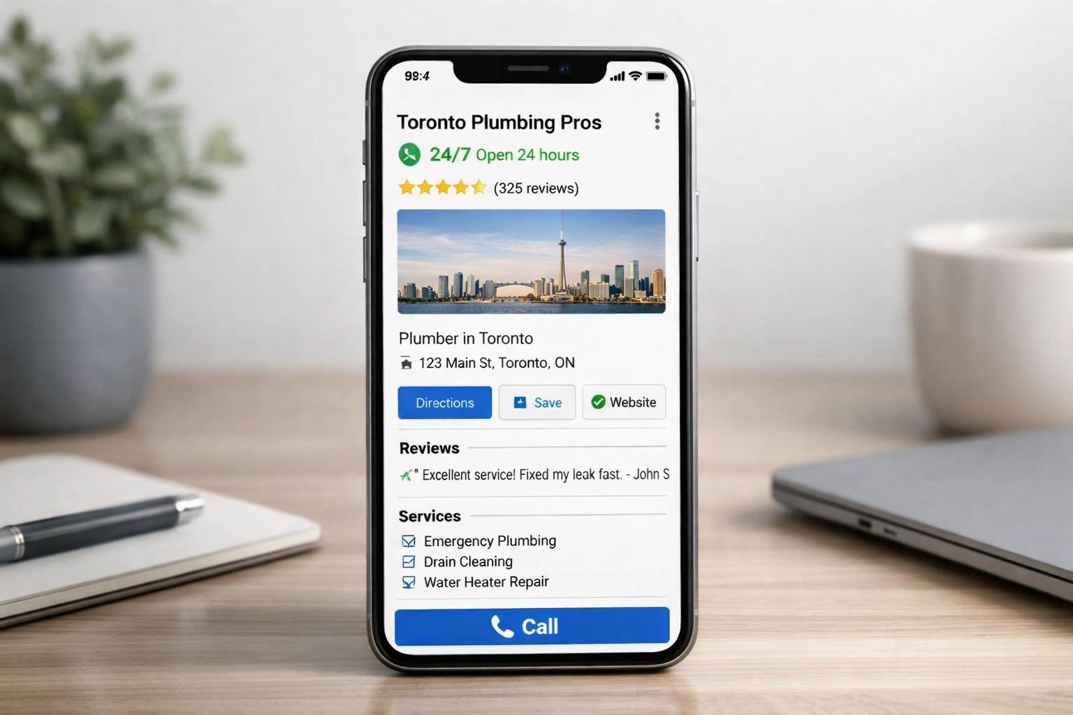 fully optimized Google Business Profile for a Toronto plumbing company showing 24/7 availability and service badges