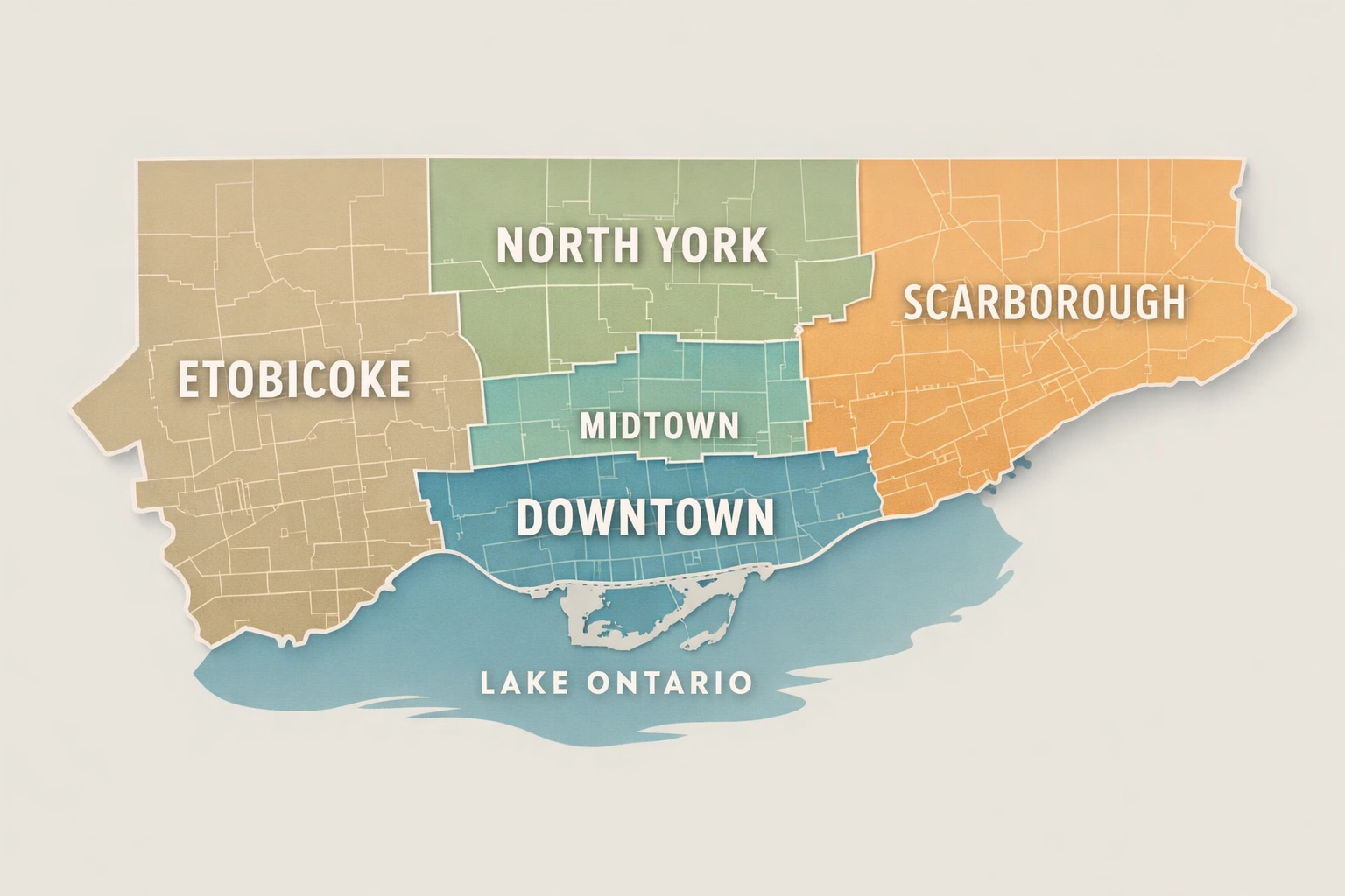 stylized map of Toronto divided into neighbourhoods like Etobicoke, North York, and Scarborough for hyperlocal SEO targeting