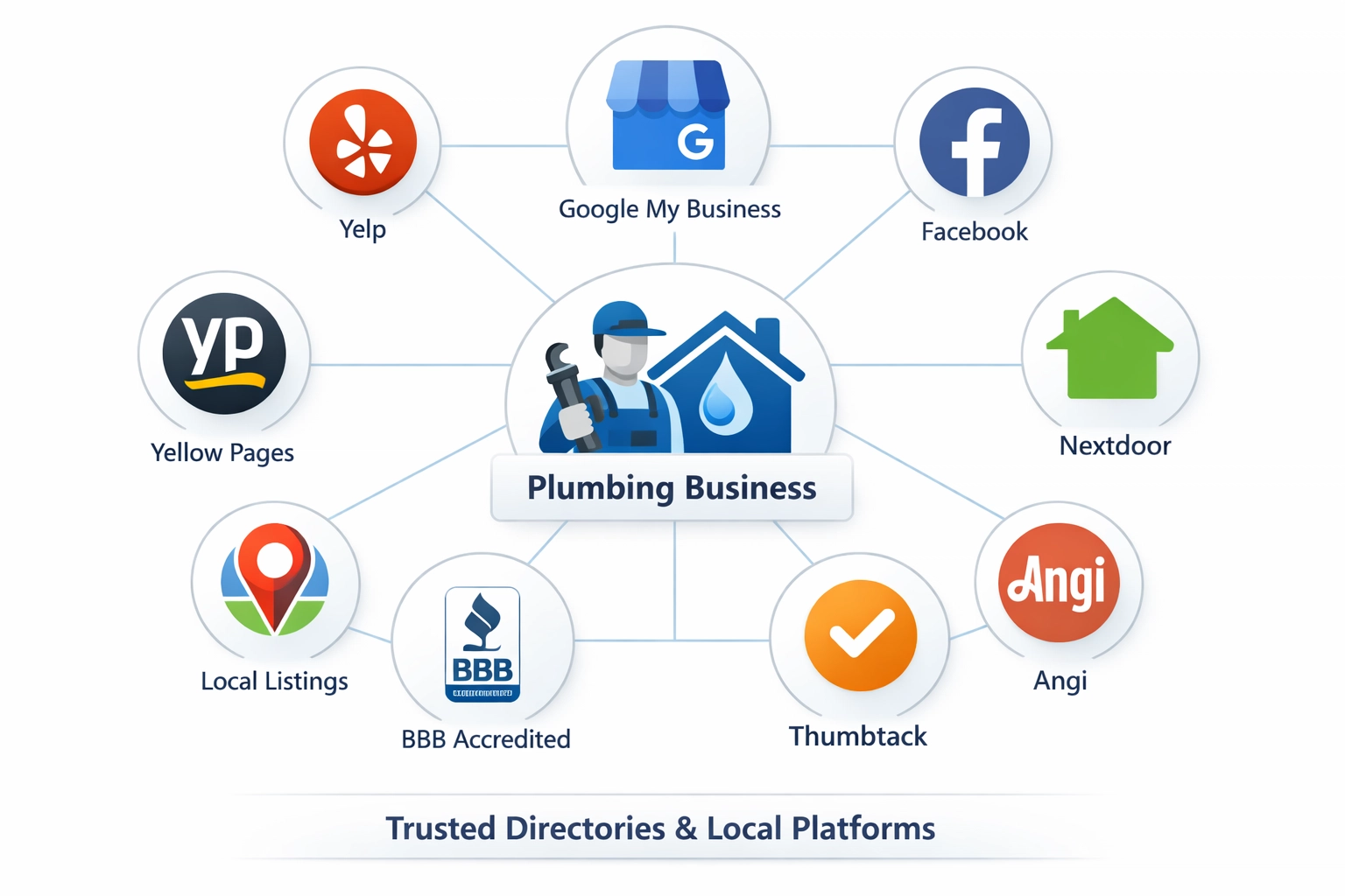 network visual showing a plumbing business connected to trusted local directories and platforms like YellowPages and BBB