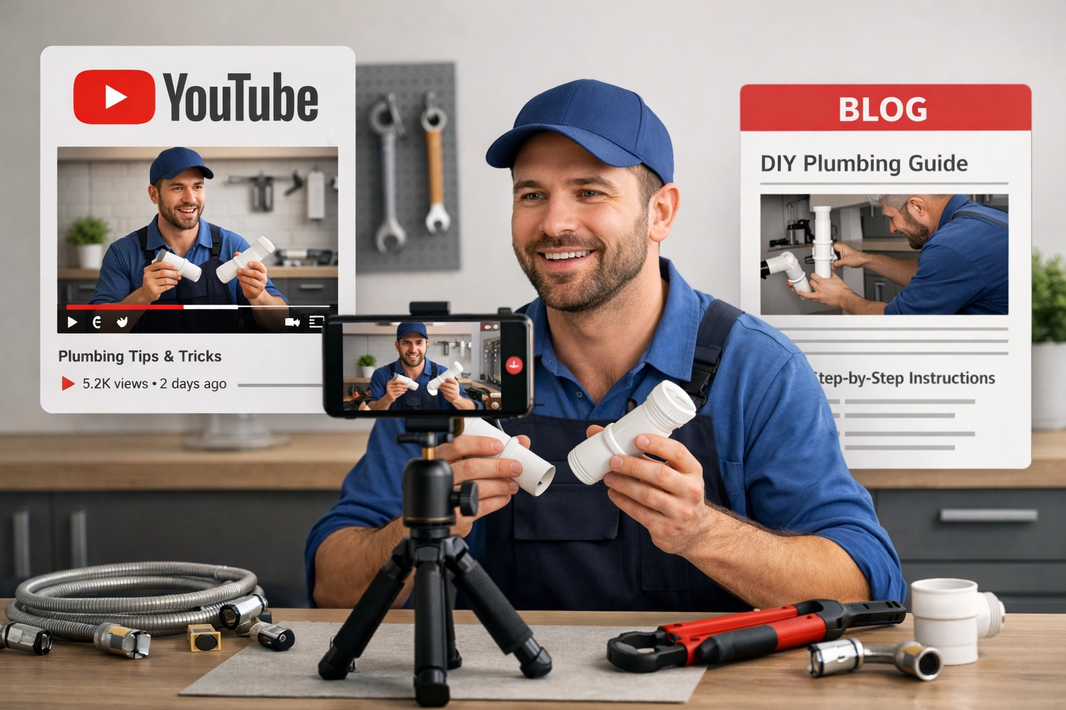 plumbing technician recording an educational video for YouTube and blog integration to build authority