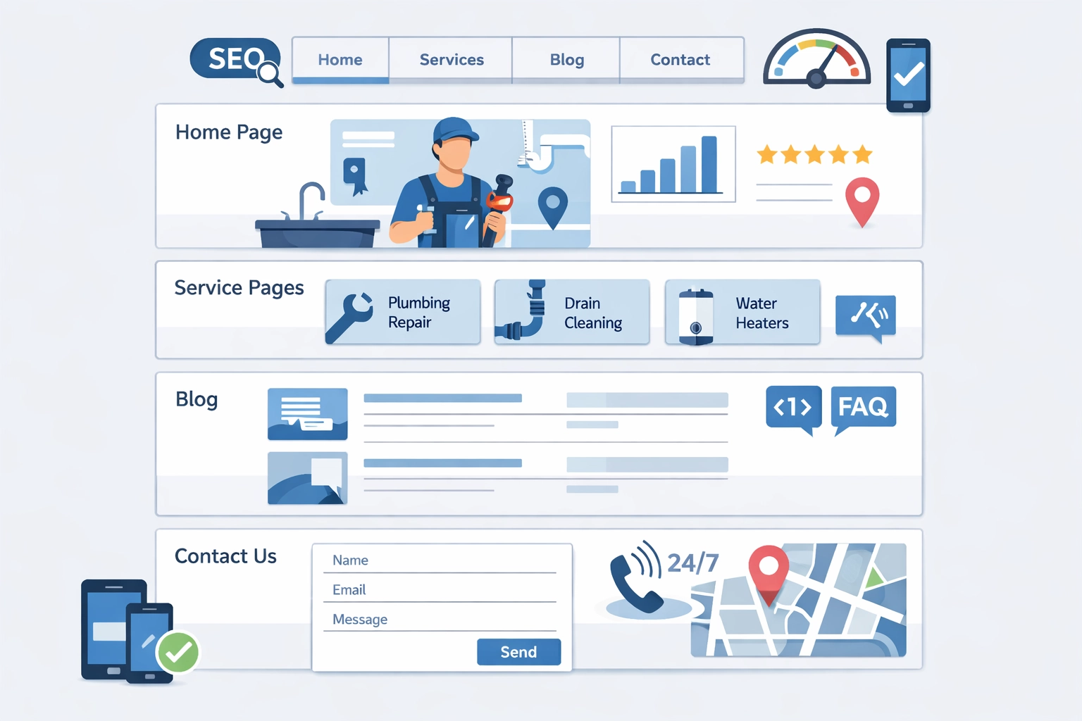modern plumbing website wireframe showing SEO elements like service pages, blog, and mobile responsiveness